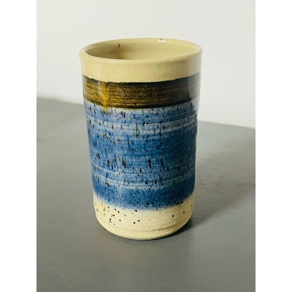 Potters Field Pottery Cup Blue Cream Brown 4.75"